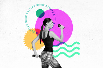 Horizontal composite collage image of beautiful young sportswoman sportswear fitness pilates coach...