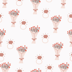 Seamless pattern with bouquets of flowers in the shape of hearts and engagement rings with diamonds. Hand drawn illustration