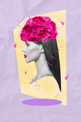 Creative drawing collage picture of beautiful lady head bunch peonies flowers hair model care...