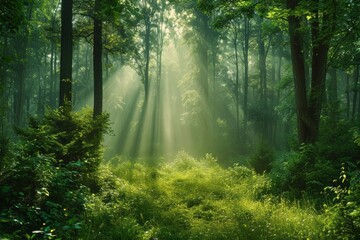Misty Morning in a Vibrant Green Forest
