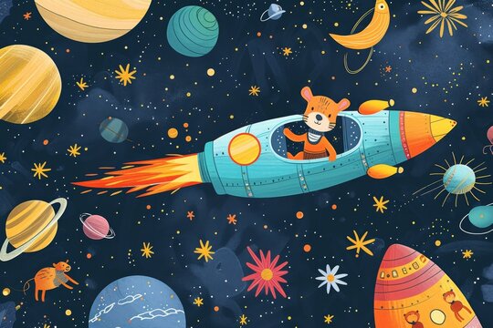 A whimsical, kid-friendly drawing of animals in a spaceship, exploring the stars and planets