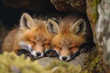 Naklejka na ściany i meble Sleeping Fox Kits in a Spring Den
