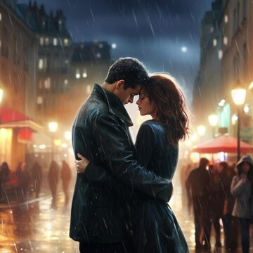 Woman valentines rain. a couple having a romantic kiss in the streets of Paris, cinematic style.. Facing away from view