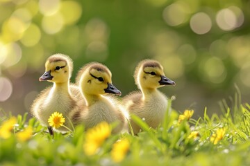 Obraz premium Goslings in a Grass Field
