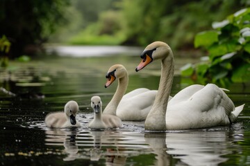 Pair of Swans with New Cygnets