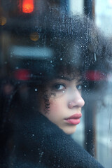 A beautiful woman looks out the window in a big city.