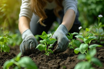 Young woman planting in garden bed - obrazy, fototapety, plakaty