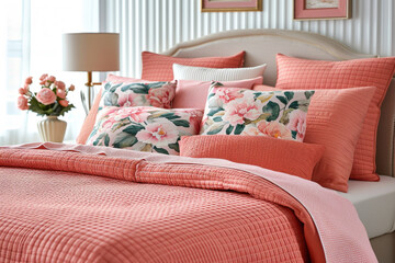 Linen bed linen in pink and peach colors.