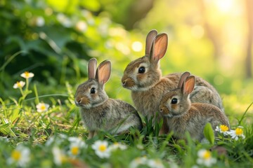 Fototapeta premium Rabbit Family in Spring Meadow