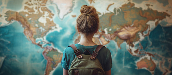 Girl looking at the world map and planning her trip during vacation