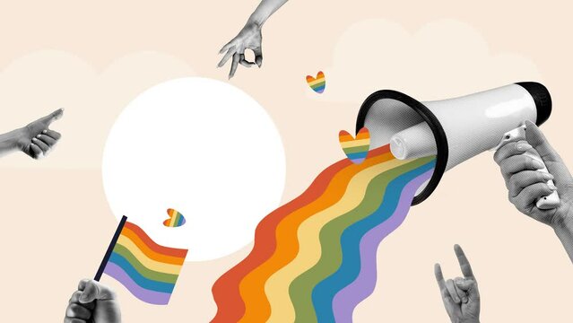 Conceptual social design with human hands, flag of lgbt, loudspeaker. Support of choices. Stop motion, animation. Concept of human rights, equality, acceptance and freedom. Banner, poster, ad