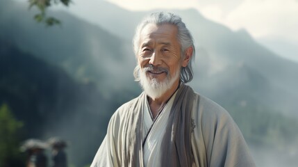 Asian wise old man in the mountains. Neural network AI generated art - obrazy, fototapety, plakaty