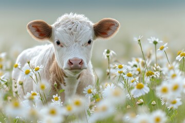 Calf in a Field of Spring Daisies