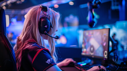 eSports competitive blonde female gamer in the heat of intense gameplay