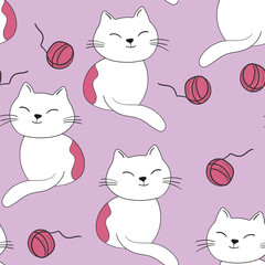 Seamless pattern with cute kitten print. Different scandy cats on color background. Scandinavian style illustration for kids. Vector illustration for fabric, textile, wallpaper, home clothing, pajama