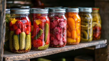 Assorted pickled vegetables in jars display a colorful and healthy choice. - obrazy, fototapety, plakaty