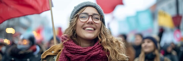 Portrait of a woman in winter clothes against the backdrop of a street demonstration. Concept: activism, social participation and generational diversity