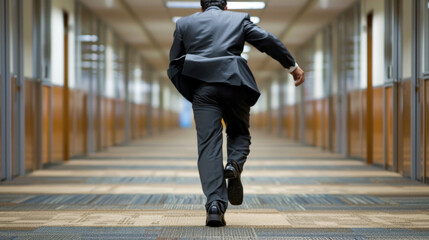A man in a suit runs down an office corridor.