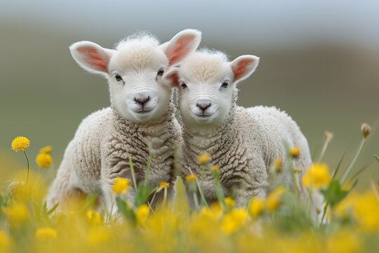 Newborn Lambs Playing in a Field