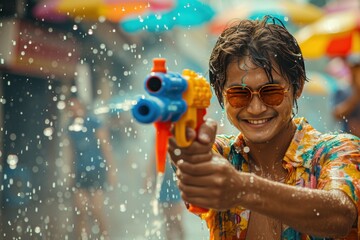 Asian male tourist and friends Playing in the water on Songkran Celebrate Songkran Festival Holding a colorful water gun with a fun water play on a street background in Thailand.