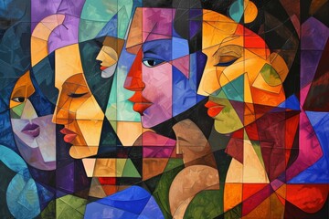 A cubist representation of a pride event, with fragmented scenes and figures coming together in harmony