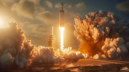 Rocket flying high in the sky. 3d illustration. Fantasy. Spaceship launch into the sky. 3D illustration.