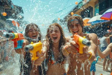 A group of tourists and foreign friends play in the water in Thailand on Songkran Celebrate Songkran Festival holding a colorful water gun. - obrazy, fototapety, plakaty