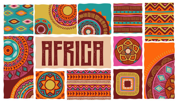 Africa patterned design. African background, banner with tribal traditional grunge pattern, elements, concept illustration. Masks, patterns, African symbols and colors