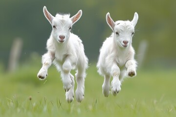 Obraz premium Baby goats jumping in a field