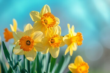 Fototapeta premium Yellow Daffodils Against a Soft Blue Sky
