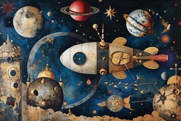 A dada-inspired piece with absurd and whimsical elements, challenging traditional concepts of space and astronomy