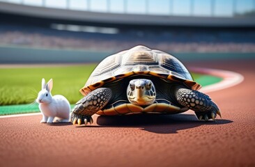 fast bunny versus slow turtle at racing track of stadium, illustration of tale.