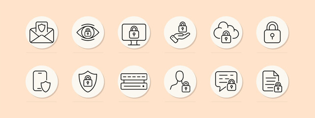 Closed padlock set line icon. Key, security, monitor, information, SMS, smartphone. Pastel color background. Vector line icon for business and advertising