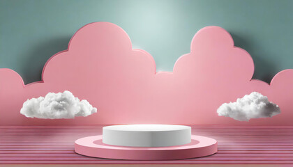 Background vector 3d pink rendering with podium and minimal cloud white scene, minimal cloud abstract background 3d rendering geometric shape pink pastel podium. Stage and cloud 3d