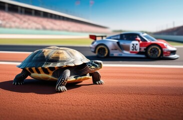fast sportive race car versus slow turtle at racing track of stadium.