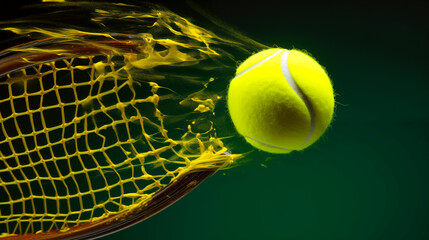  A tennis ball breaks a tennis net at high speed. AI Generated