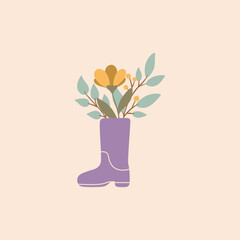 Flowers in wellies boots. Isolated vector illustration. Easter holiday and spring concept