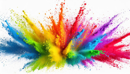 Colorful mixed rainbow powder explosion isolated on white background.
