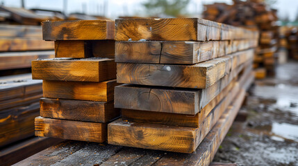 Stacked wooden beams weathered and ready for construction use