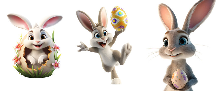Set of 3D Rendered Easter Bunny with Egg, Cartoon Rabbit Illustration, Isolated on Transparent Background, PNG