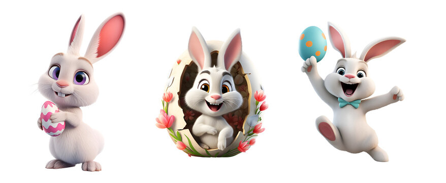 Egg and Easter Bunny: Set of 3D Rendered Rabbit Cartoon Illustrations, Isolated on Transparent Background, PNG