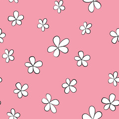 Seamless floral pattern based on traditional folk art ornaments. Colorful chamomile, daisy flowers on color background. Doodle style. Vector illustration. Simple minimalistic pattern