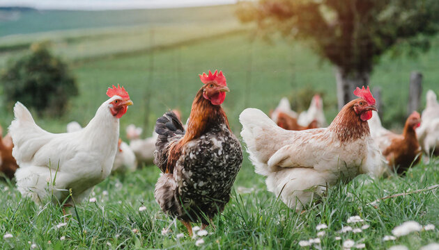 Free range chicken farm and sustainable agriculture. Organic poultry farming. Chickens roaming free in sustainable and animal-friendly farm. Free range bird in agriculture grass field