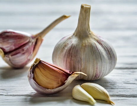 Fresh whole bulb of garlic and cloves on a white table close up1 - Copy.jpg