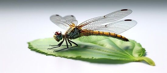 closeup of swamp darner dragonfly Epiaeschna heros sitting on green leaf against blurred backgroun