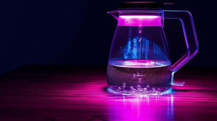 A glass electric kettle with purple backlight stands on the kitchen table