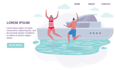 Joyful couple leaping into sea from yacht on sunny day. Friends enjoying luxury vacation jump off boat. Two people dive into water near large boat, excitement and freedom on holiday.