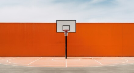 Minimalist Outdoor Urban Basketball Court with Orange Wall. Sport Game Playground. Generative AI