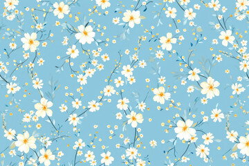 Vintage floral background. Seamless vector pattern for design and fashion prints. Flowers pattern with small white flowers on a light blue background. 