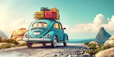 Fototapeta premium Retro car with luggage on the roof. A car on the road with many suitcases on the roof. Travelling by car.